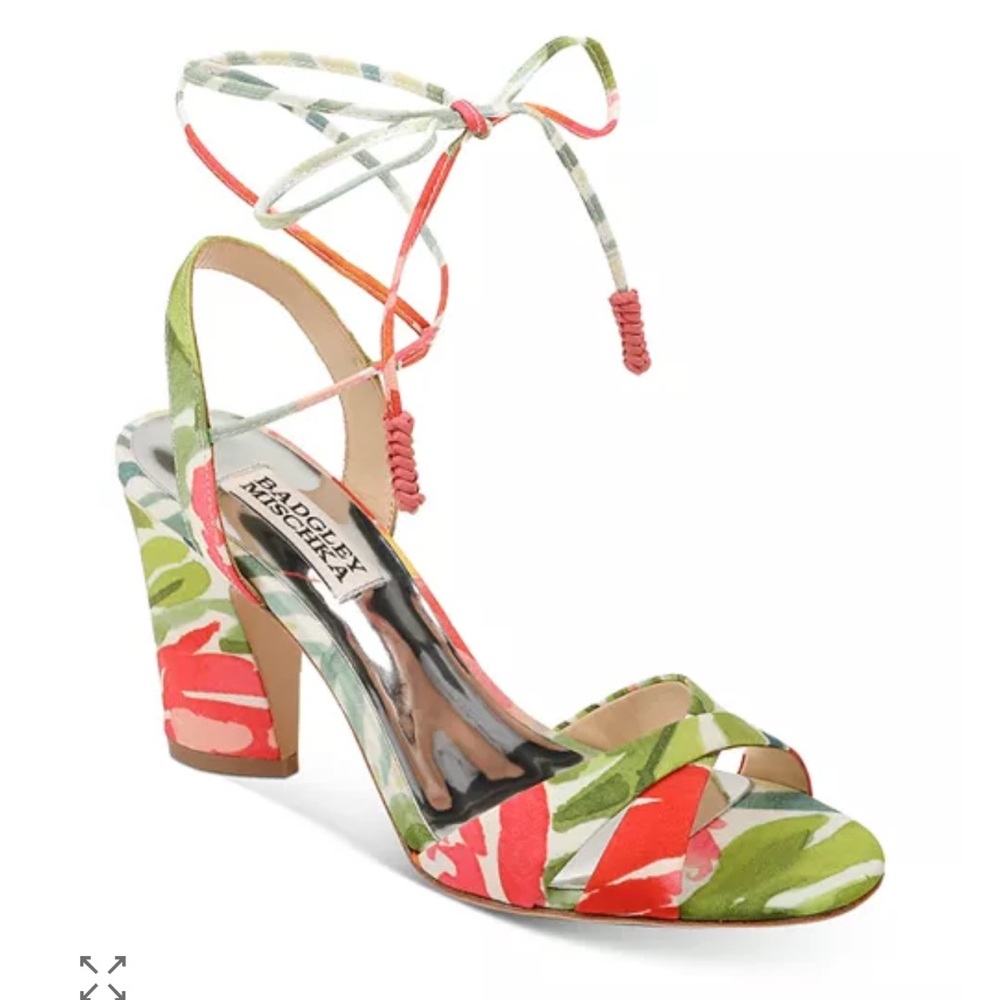 NWT Badgley Mischka Journey strappy block heel in green floral print.